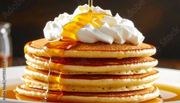 Obraz Stack of pancakes with whipped cream and honey