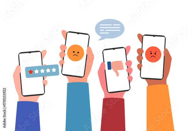 Fototapeta Bad review concept design. Online negative user feedback. Customer experience ranking. Dislike, complaint, bad rate. Web comment. Angry client feedback. Social survey result vector illustration