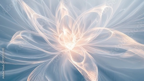 Obraz Illuminated floating glass filaments, stretching dynamically to form an ethereal flower-like silhouette, glowing softly in a white futuristic void, conceptual symmetry, refined transparency
