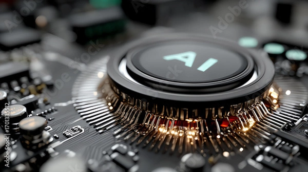 Fototapeta Close-up of a circuit board featuring an AI processor with glowing elements, representing advancements in artificial intelligence technology.