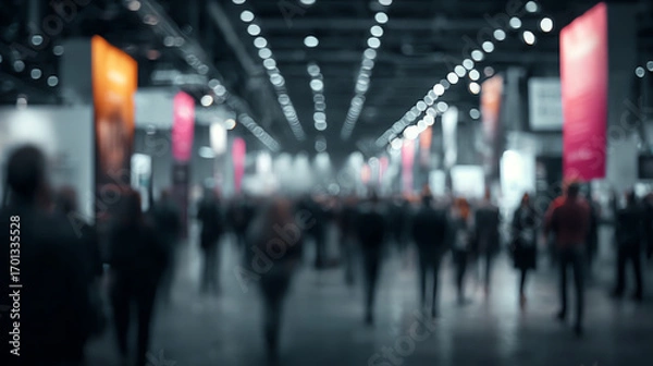 Fototapeta Blurred crowd of professionals at a convention center, showcasing the energy and buzz of networking and collaboration.