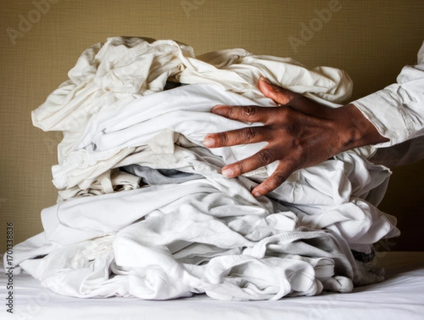 Fototapeta Person folding white laundry on bedspread with warm light and relaxed mood