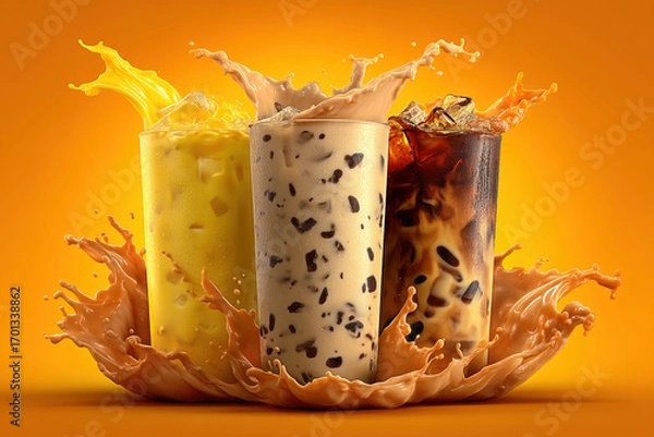 Fototapeta Creamy iced caramel macchiato, cold brew and mango cold brew with splashes in tall glasses creating dynamic appetitive beverage scene