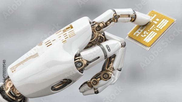 Fototapeta Futuristic robotic hand holding neural interface microchip in cold clinical operating theater, sleek white and gold prosthetic with exposed mechanical joint detail and high tech circuit design