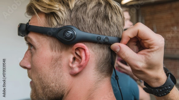 Obraz Man adjusting wearable medical headset on head in minimalist studio with warm emotion