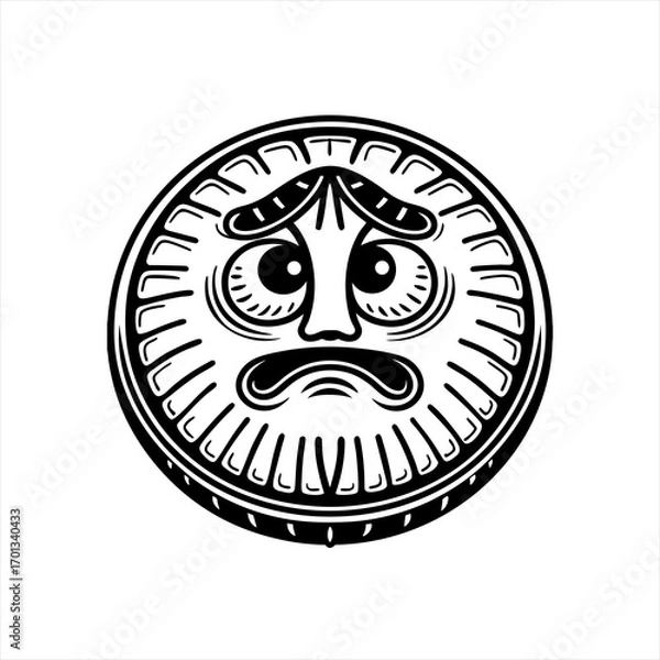 Fototapeta Sad sun face with furrowed brow in black and white