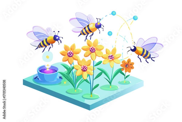 Obraz Bees pollinating flowers in a garden with a cup of tea