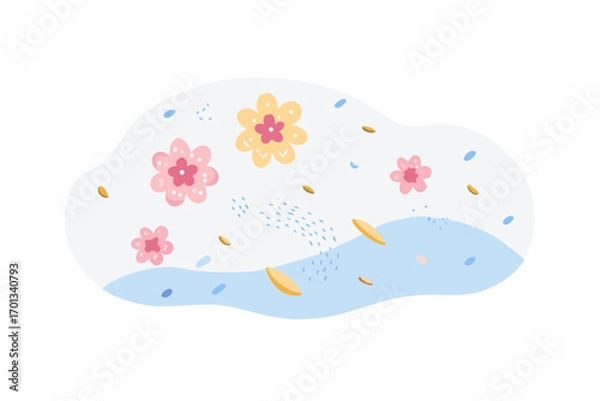 Obraz A whimsical illustration of small flowers and seeds floating in a light blue abstract shape