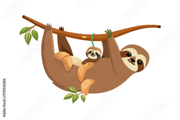 Obraz Cute cartoon illustration of a mother sloth and baby sloth hanging on a branch