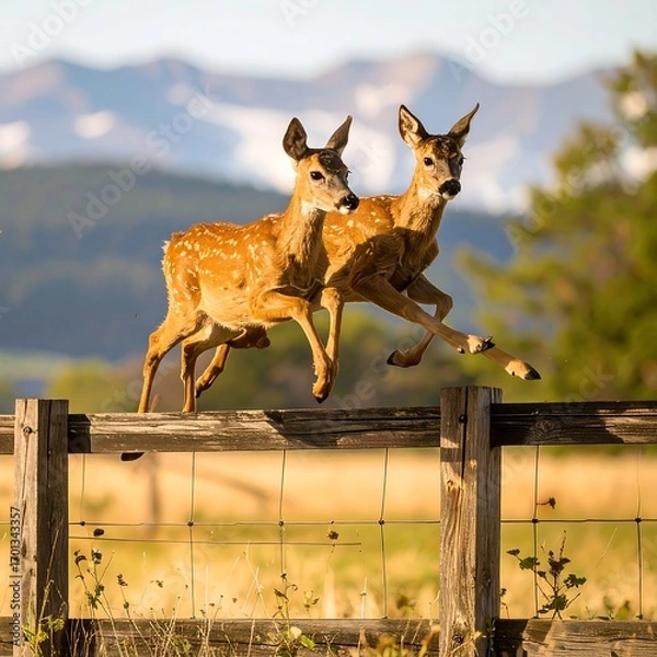 Obraz Two fawns leaping over a fence