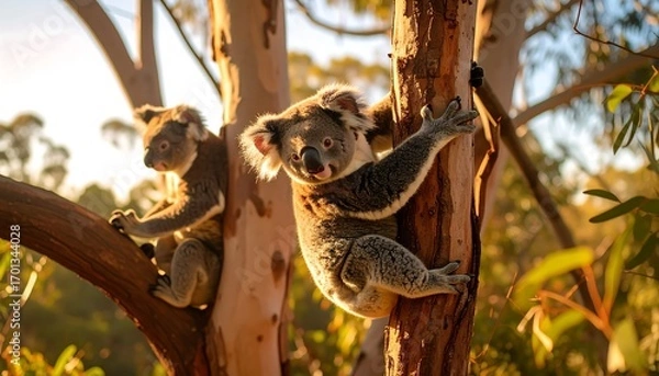 Obraz Two koalas in a tree at sunset