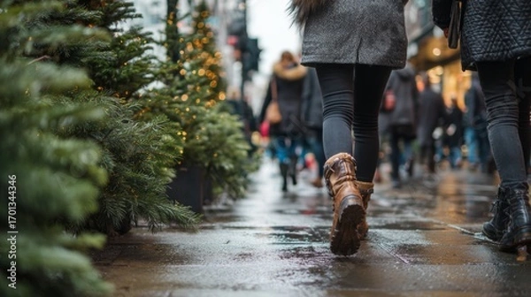 Fototapeta People walking on wet pavement during winter holiday season with Christmas trees 
