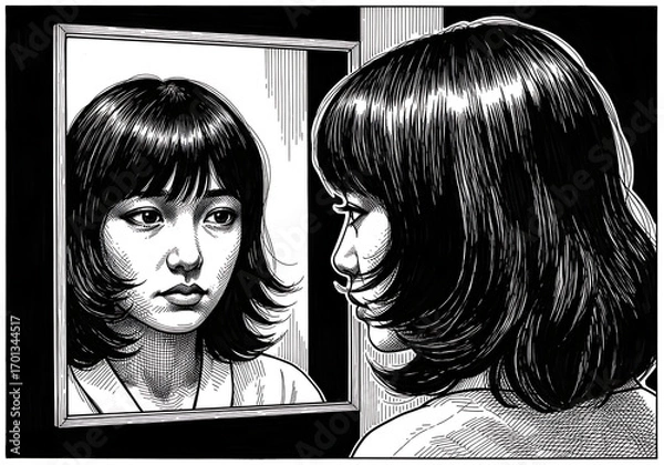 Obraz Pensive young woman gazing at her reflection in a mirror, contemplating her identity and future in a monochromatic, introspective scene.