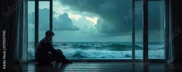 Obraz Contemplative Figure by Window, Stormy Sea View, Loneliness, Empty House, Sadness