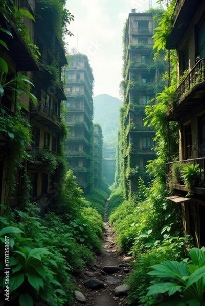 Fototapeta A lush, overgrown cityscape; nature reclaiming urban spaces Buildings are half-hidden by vibrant, untamed vegetation A post-natural landscape of serene decay , roots, surrealism