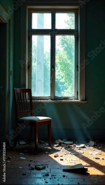 Obraz A shattered window, a broken chair, and scattered debris litter a room, evidence of a violent crime scene The image conveys a sense of chaos and destruction , catastrophe, crime