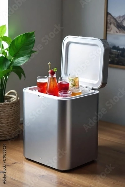 Obraz A sleek, modern electrical cooler, plugged in and ready to keep beverages refreshingly cold Perfect for home, office, or dorm room use Enjoy chilled drinks wherever you are!, white, modern