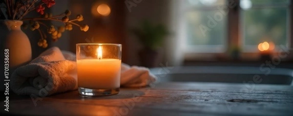 Fototapeta Cozy Candlelit Room Warm, Inviting Atmosphere Perfect for Home Decor, Relaxation, and Spa Themes.  Soft Lighting, Glass Candle Holder, Mantelpiece Setting.