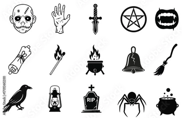 Fototapeta Collection of halloween themed black and white vector icons on a white background isolated set