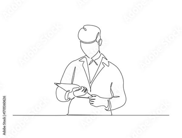 Fototapeta Continuous line art drawing of handsome businessman reading document. Businessman holding paper in single line art drawing vector illustration. Editable stroke.