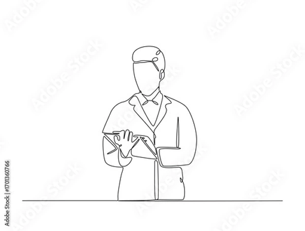 Fototapeta Continuous line art drawing of handsome businessman reading document. Businessman holding paper in single line art drawing vector illustration. Editable stroke.