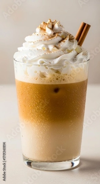 Fototapeta Iced Coffee Beverage with Whipped Cream and Cinnamon on a White Surface