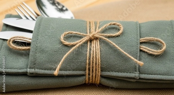 Fototapeta Elegant Table Setting with Silverware Wrapped in a Linen Napkin and Tied with Twine on Wooden Surface