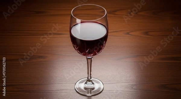 Fototapeta Elegant Wine Glass Filled With Red Wine On Wooden Table Setting Studio Shot