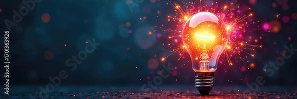 Fototapeta A lightbulb explodes with vibrant, colorful sparks, representing innovative and creative thinking, a burst of brilliant ideas , vision, imagination