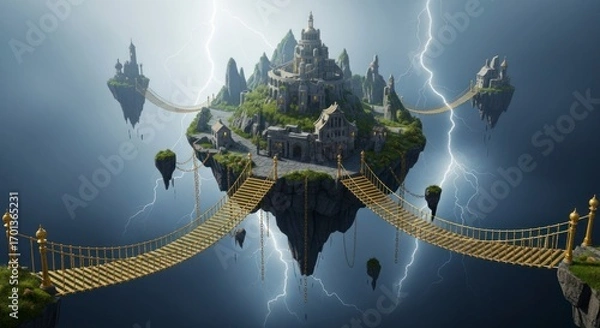 Fototapeta Fantasy Floating Island Fortress Connected By Golden Bridges Against A Stormy Sky With Lightning Strikes