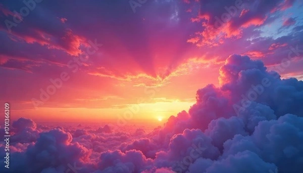 Fototapeta A breathtaking panoramic view of a vibrant, colorful sunset sky Clouds painted with hues of orange, pink, and purple create a stunning natural masterpiece , clouds, peaceful