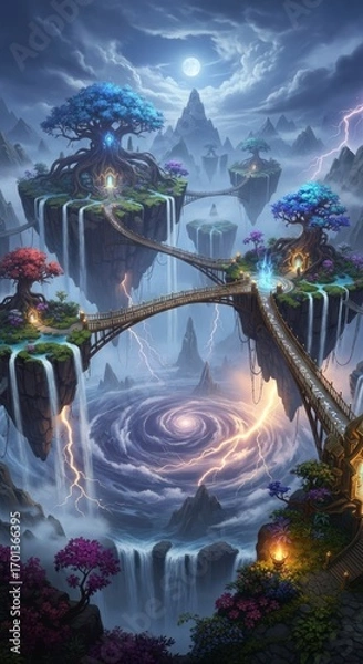 Fototapeta Fantasy Landscape Of Floating Islands Connected By Bridges Under A Cloudy Night Sky