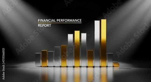 Fototapeta Financial Performance Report with Silver and Gold Bar Graphs on Dark Background