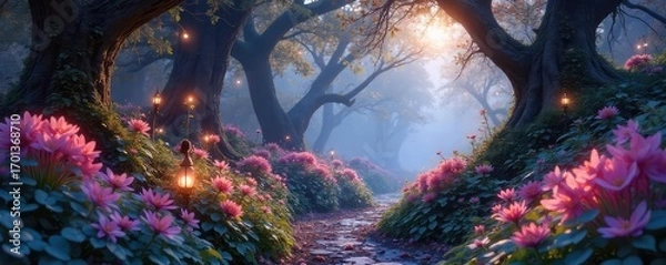 Fototapeta A mystical garden bathed in soft, ethereal light, glowing flora and fauna, whimsical details, magical atmosphere, enchanting scene ,  twilight,  moss