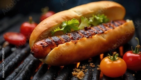 Fototapeta A perfectly grilled hot dog on a barbeque, slightly charred with grill marks, resting on a bun, next to various condiments Juicy, flavorful, and ready to eat , char, grilled, juicy