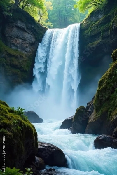 Fototapeta A powerful waterfall cascades over moss-covered rocks, creating a mesmerizing display of nature's raw beauty The water's force is evident in the whitewater and spray , wild, movement, incredible