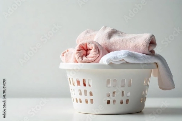 Fototapeta A pristine white laundry basket overflowing with freshly laundered, fluffy towels and soft clothes, radiating a sense of cleanliness and freshness , home life, wellbeing