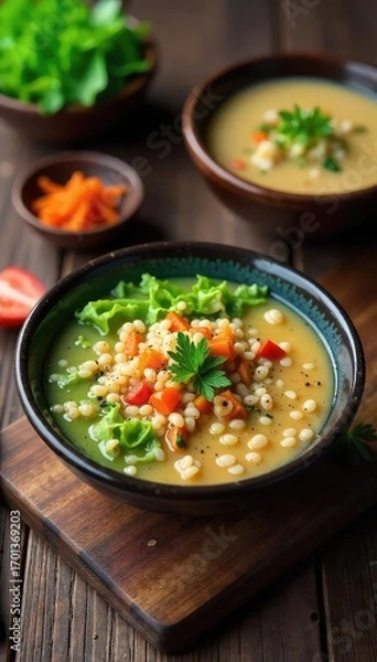 Fototapeta A rustic wooden table laden with a variety of whole grains, vegetables, miso soup, and seaweed, embodying the principles of macrobiotic eating , earth-friendly, tempeh, balanced diet