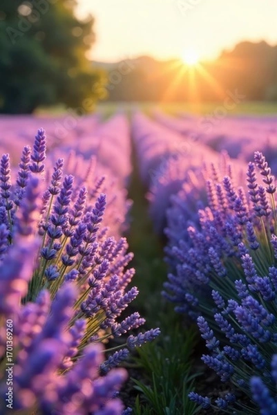Fototapeta A serene lavender field bathed in soft sunlight, embodying tranquility and spiritual connection  Perfect for meditation, yoga, and relaxation imagery ,  sunlight,  herbal