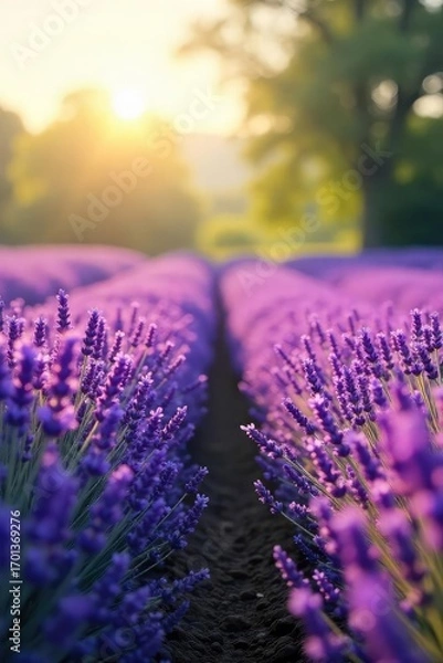 Fototapeta A serene lavender field bathed in soft sunlight, embodying tranquility and spiritual connection  Perfect for meditation, yoga, and relaxation imagery ,  countryside,  natural,  harmony