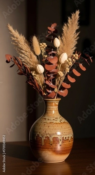 Fototapeta Floral Arrangement in a Textured Ceramic Vase on a Dark Wooden Surface with Dramatic Lighting