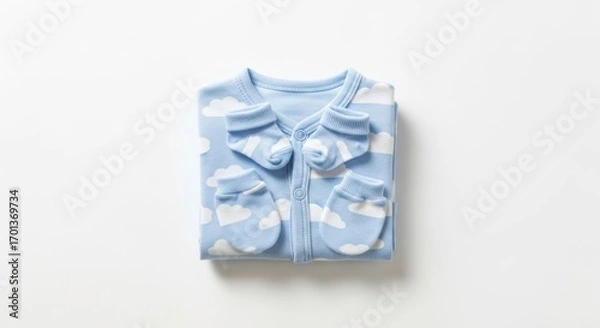 Fototapeta Folded Blue And White Baby Onesie And Mittens Set On White Background Top View