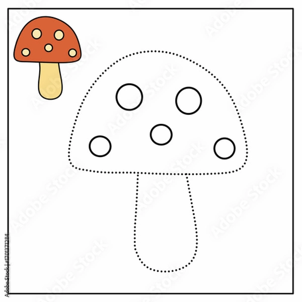 Fototapeta Mushroom tracing worksheet with dotted outline for kids. Great for practicing fine motor skills, preschool handwriting, and early learning activities.