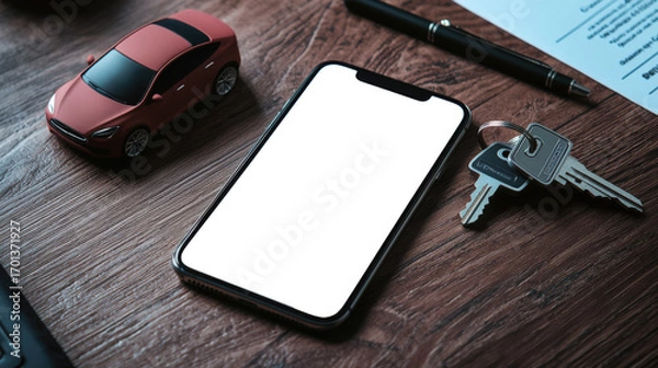 Fototapeta A cell phone with an empty white screen lies on a wooden table next to a red toy car, car keys, a pen and a piece of paper from the contract. Phone mockup. Selling, renting, or leasing a car
