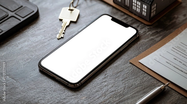 Fototapeta The concept of buying, selling or renting a house. Search for housing. A mockup of a phone with an empty screen. There is a pen, a key, a contract and a small toy house nearby
