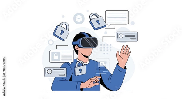 Fototapeta Virtual reality and digital security concept illustration with a person wearing a VR headset surrounded by digital elements and security icons, representing data protection