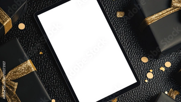 Fototapeta Online shopping. A mockup of a stylish black tablet with a white screen, top view, close-up. The concept of Black Friday advertising. A festive atmosphere of fun and gifts