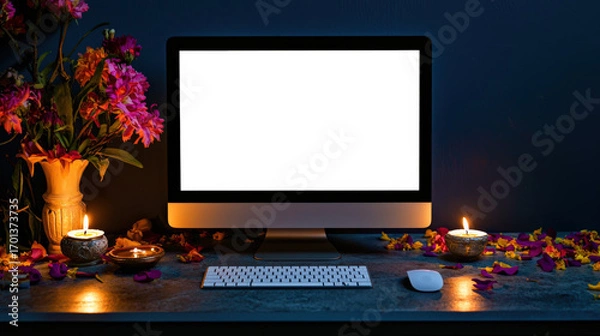 Fototapeta Mockup of the computer screen. The Indian festival of lights Diwali symbolizes the victory of light over darkness. There is a computer monitor, a keyboard, a mouse