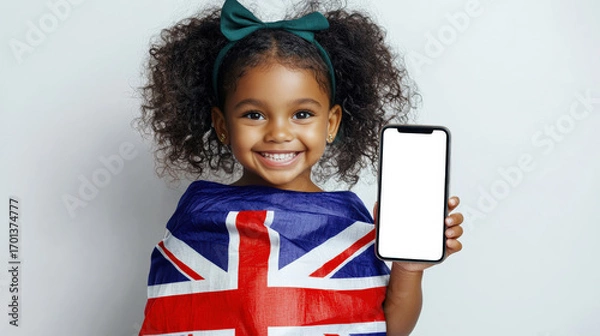 Fototapeta A little black girl holds a mobile phone with a white screen in her hand. She is wrapped in the Australian flag. A phone mockup for advertising Australian goods and services