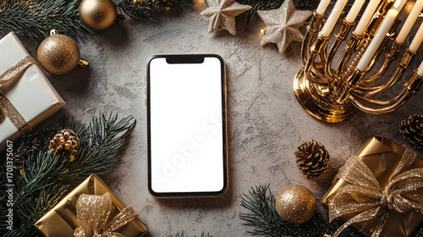 Fototapeta A phone mockup to advertise an invitation to celebrate a religious Jewish holiday, Hanukkah. A white-screen phone is lying on a table with Christmas decorations